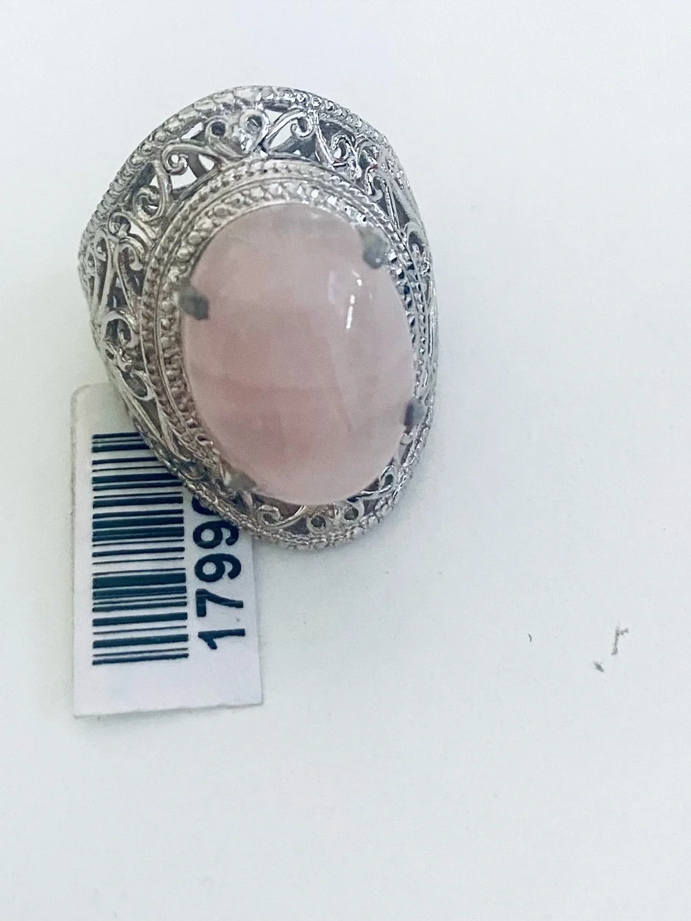 Sterling Silver Filigree Ring with large Rose Quartz Cabochon.